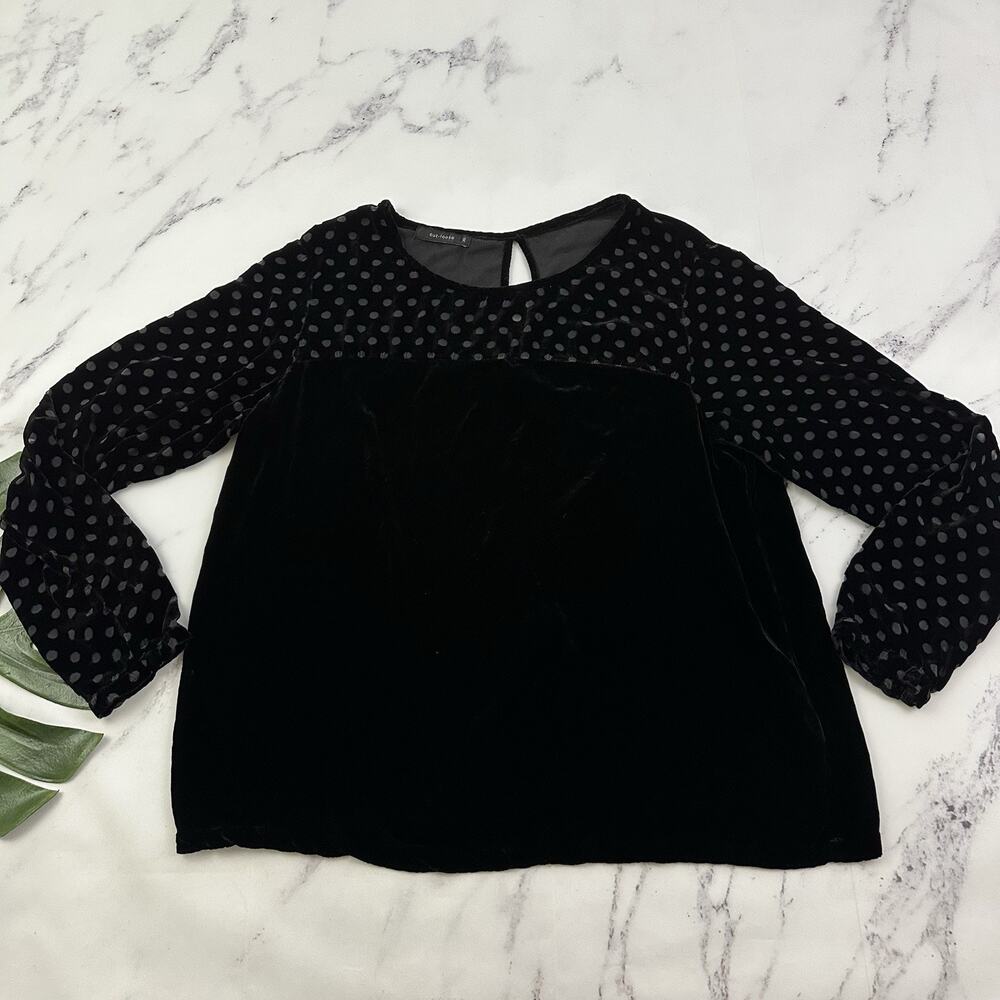 Cut Loose Womens Velvet Top Size XL Black Sheer Polka Dot Trim Long Sleeve